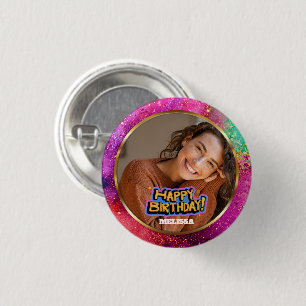 Badge Rond 2,50 Cm Anniversaire Moderne Nommé Photo Paillettes Coloré