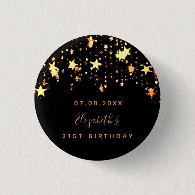Badge Rond 2,50 Cm Anniversaire noir étoiles or personnalisé monogram (Devant)