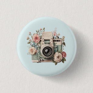Badge Rond 2,50 Cm Appareil photo avec image rétro pastel de fleurs