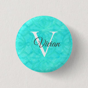 Badge Rond 2,50 Cm Aqua Blue Watercolor Nom du monogramme