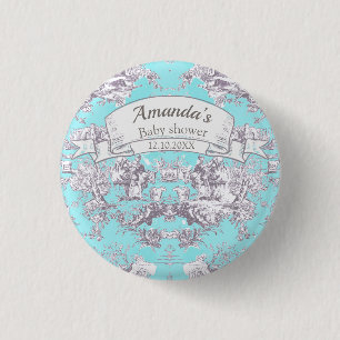 Badge Rond 2,50 Cm Aqua vintage fleuri bleu toile de jouy monogramme