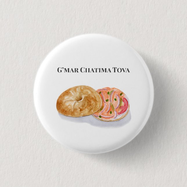 Badge Rond 2,50 Cm Aquarelle Bagels Fumée Saumon G’mar Chatima Tova (Devant)