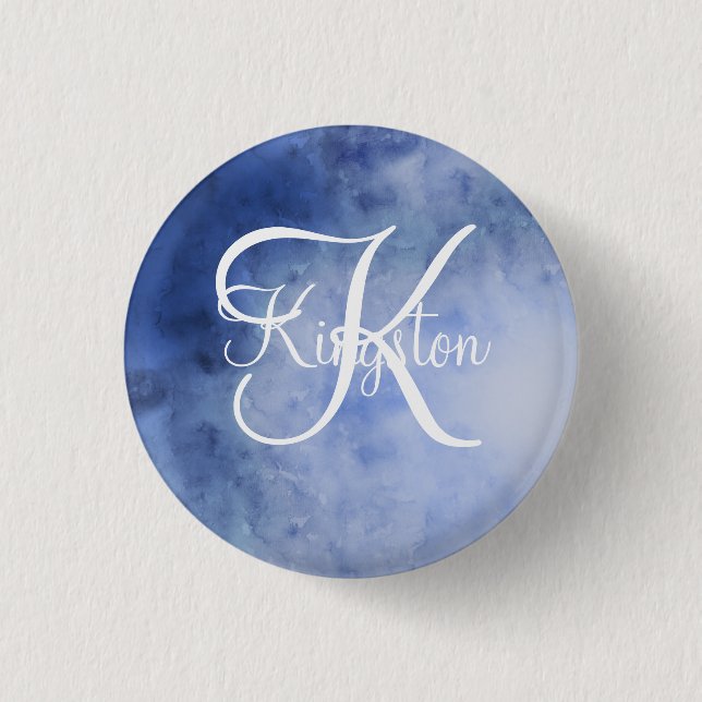 Badge Rond 2,50 Cm Aquarelle bleue et blanche monogrammée (Devant)