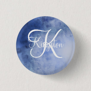 Badge Rond 2,50 Cm Aquarelle bleue et blanche monogrammée