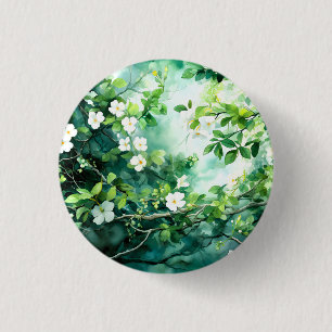 Badge Rond 2,50 Cm Aquarelle botanique Fleurs blanches Feuilles verte