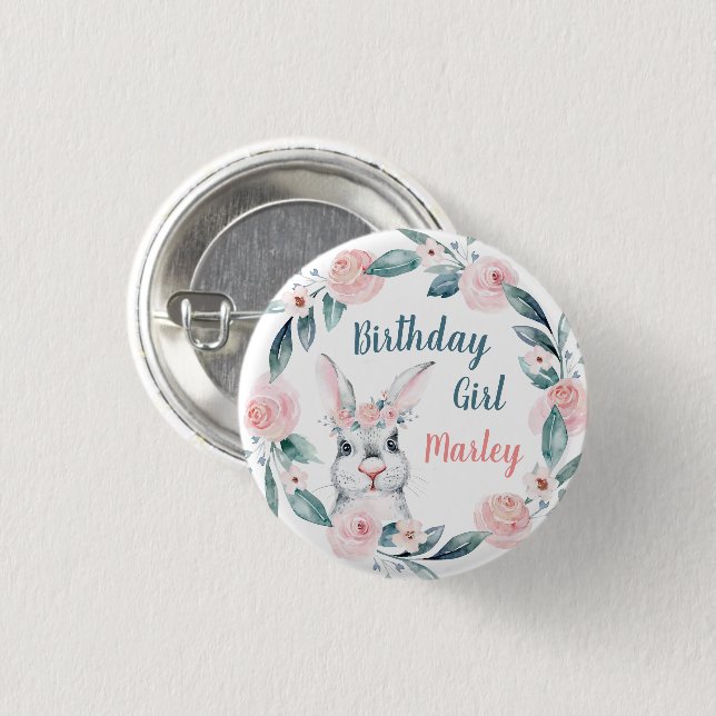 Badge Rond 2,50 Cm Aquarelle Bunny Floral Fille d'anniversaire, n'imp (Devant & derrière)