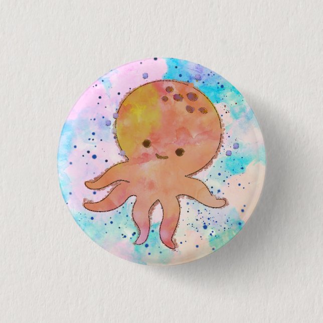 Badge Rond 2,50 Cm Aquarelle de caricature de poulpe mignonne (Devant)