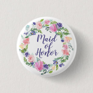 Badge Rond 2,50 Cm Aquarelle Floral rose et violet femme d'honneur