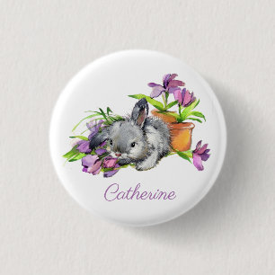 Badge Rond 2,50 Cm Aquarelle Florale Lapin de Pâques lapin Personnali