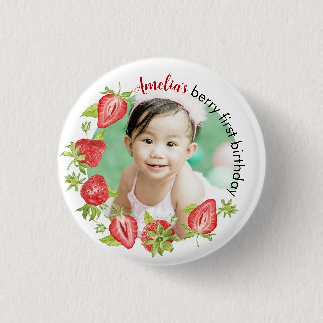Badge Rond 2,50 Cm Aquarelle mignonne Berry fraise Premier anniversai (Devant)