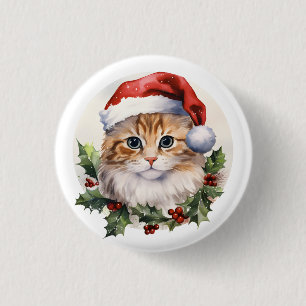 Badge Rond 2,50 Cm Aquarelle mignonne Chat De Noël À Santa Hat