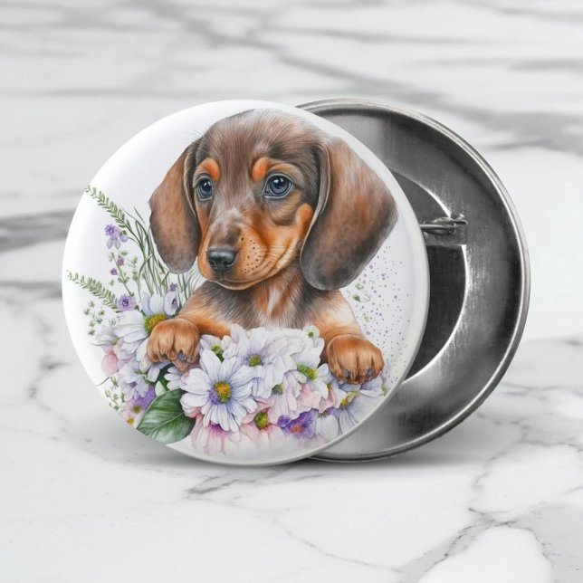 Badge Rond 2,50 Cm Aquarelle mignonne Floral Dachshund Chien chiot (View the collection for other matching gift items for Dachshund lovers.)