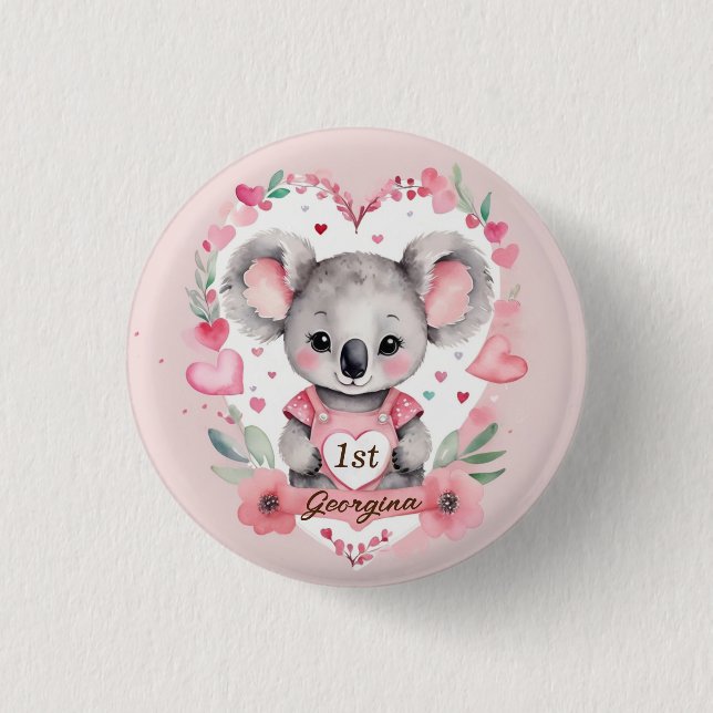 Badge Rond 2,50 Cm Aquarelle moderne chic Koala rose Anniversaire Fav (Devant)