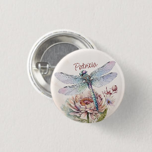 Badge Rond 2,50 Cm Aquarelle Rétro Dragonfly and Peony Flower
