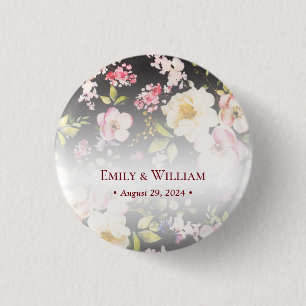 Badge Rond 2,50 Cm Aquarelle rose Roses jaunes, noir flou, Mariage