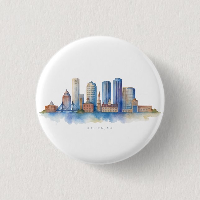 Badge Rond 2,50 Cm Aquarelle Skyline de Boston City | MA Boston moder (Devant)