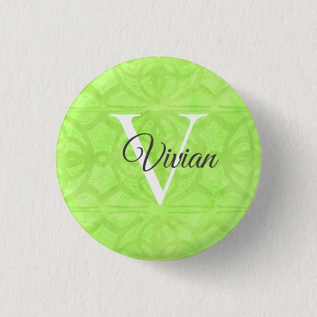 Badge Rond 2,50 Cm Aquarelle verte à la chaux Nom du monogramme (Devant)