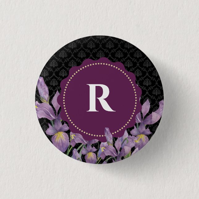 Badge Rond 2,50 Cm Aquarelle violet Iris noir Damas Monogramme (Devant)