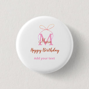 Badge Rond 2,50 Cm Arc en ruban paillettes roses avec nom lettre mono