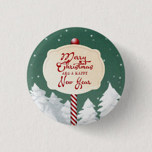 Badge Rond 2,50 Cm Arrière - plan Vert Avec Arbre De Noël Et Signer