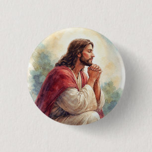 Badge Rond 2,50 Cm Art aquarelle : Jésus en prière   Foi chrétienne