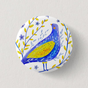 Badge Rond 2,50 Cm Art d'oiseau bleu et jaune à l'aquarelle moderne