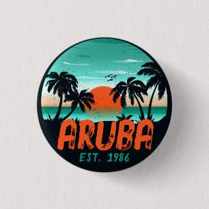 Badge Rond 2,50 Cm Aruba Caraïbes Mer Vintage Rétro Sunset Souvenirs