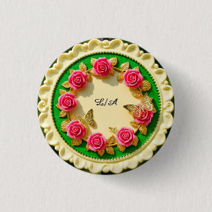 Badge Rond 2,50 Cm Assiette décorative à bordure verte avec rose rose