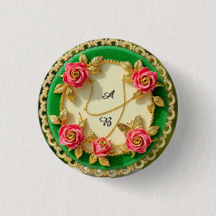 Badge Rond 2,50 Cm Assiette décorative à bordure verte avec rose rose