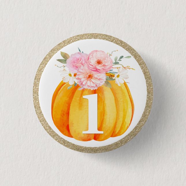 Badge Rond 2,50 Cm Automne Floral Citrouille Baby Girl's 1st Birthday (Devant)