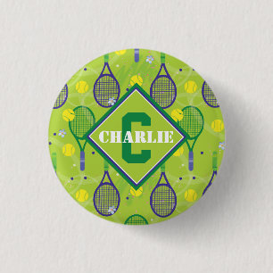 Badge Rond 2,50 Cm Avec nom et initiale, raquette de tennis verte et