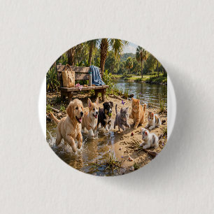 Badge Rond 2,50 Cm Aventure au bord de la rivière avec des chiots et