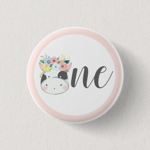 Badge Rond 2,50 Cm Baby Cow Floral Numéro Un 1er anniversaire fête