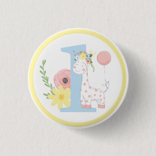 Badge Rond 2,50 Cm Baby Giraffe Floral Numéro Un 1er anniversaire fêt