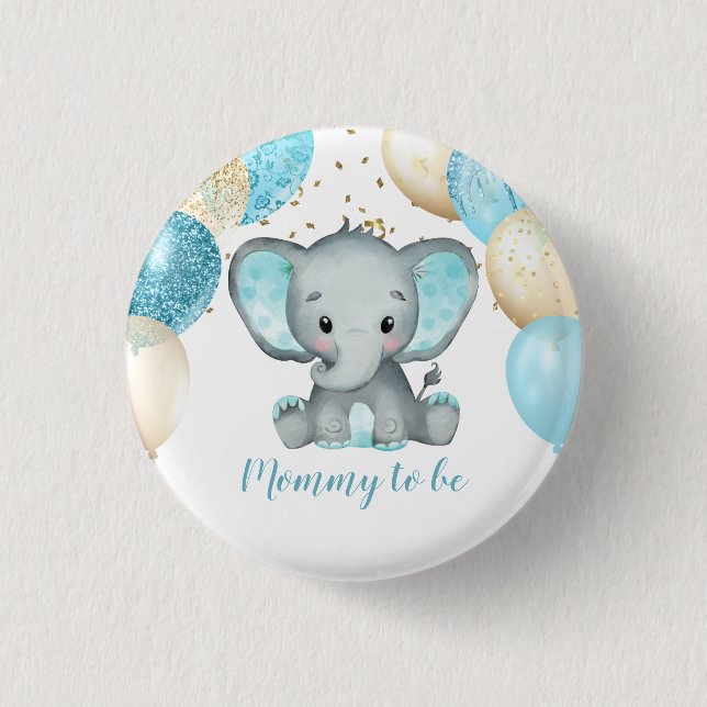 Badge Rond 2,50 Cm Baby shower de Ballons d'or Turquiose Eléphant (Devant)