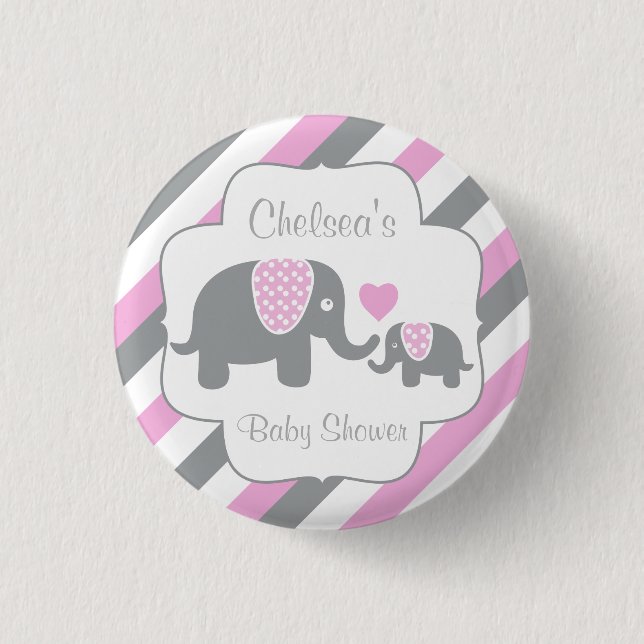 Badge Rond 2,50 Cm Baby shower des éléphants blancs, roses et gris (Devant)