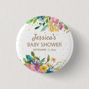 Badge Rond 2,50 Cm Baby Shower Fleurs Rose Bleu Jaune Paillettes Doré