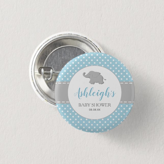 Badge Rond 2,50 Cm Baby Shower Garçon Eléphant Bleu Gris à Points (Devant & derrière)