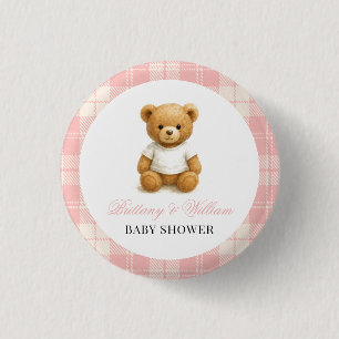 Badge Rond 2,50 Cm Baby shower moderne Preppy Bear Rose Plaid