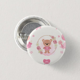 Badge Rond 2,50 Cm Baby Shower Ours en Peluche Rose