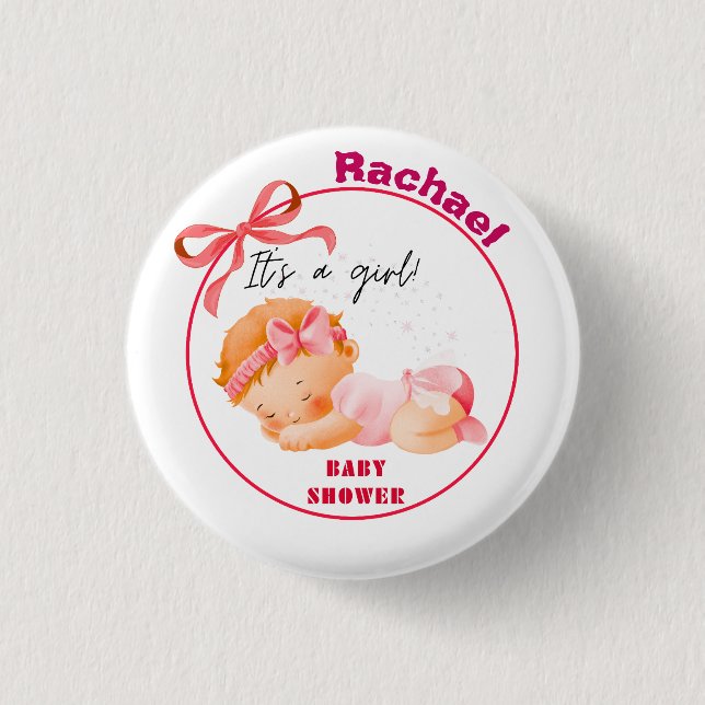 Badge Rond 2,50 Cm Baby Shower Rose, Baby Shower Fille Rose (Devant)