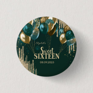 Badge Rond 2,50 Cm Ballons gouttes de paillettes dorées Sweet 16 vert