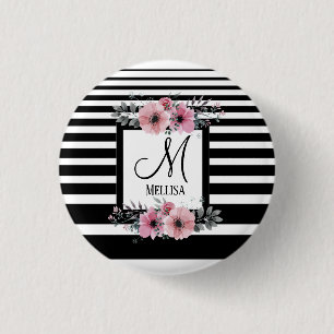 Badge Rond 2,50 Cm Bandes noires et blanches Monogramme floral rose