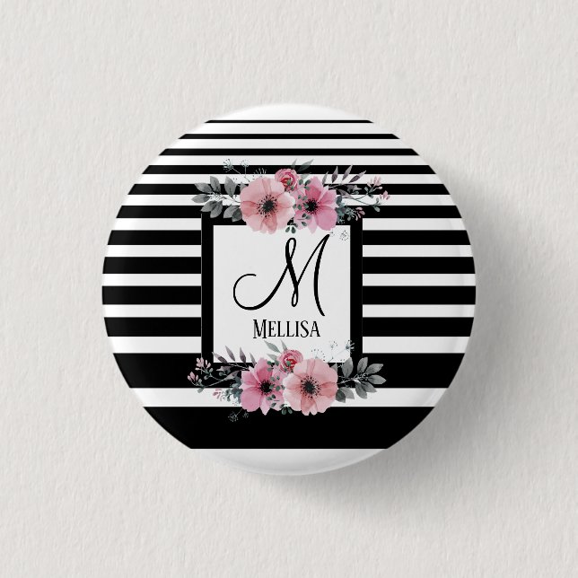 Badge Rond 2,50 Cm Bandes noires et blanches Monogramme floral rose (Devant)