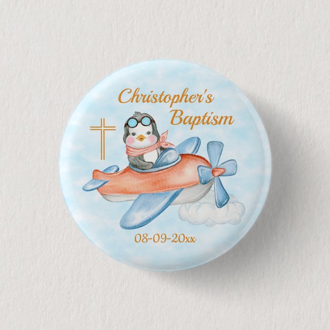 Badge Rond 2,50 Cm Baptême Aquarelle Bébé Penguin avion personnalisé (Devant)