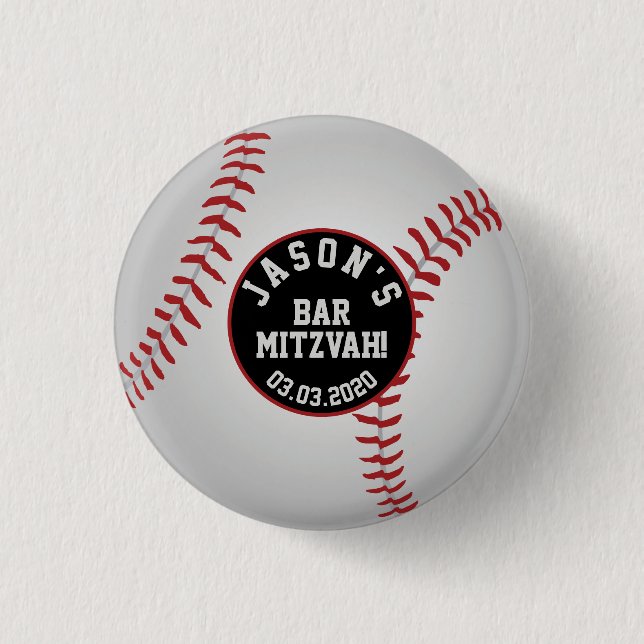 Badge Rond 2,50 Cm Baseball Bar Mitzvah Favoriser Bouton Rouge Noir (Devant)