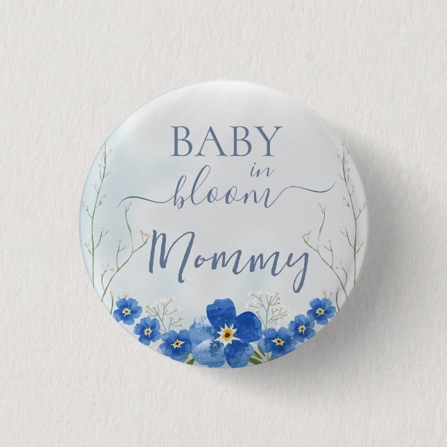 Badge Rond 2,50 Cm Bébé en Fleur Garçon Bleu Floral Douche maman (Devant)