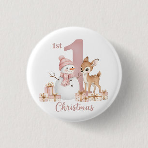 Badge Rond 2,50 Cm Bébé Fille Premier Noël Bonhomme de Neige Cerf