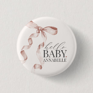 Badge Rond 2,50 Cm Beige Bonjour Bébé Bow Fille Baby shower Faveurs
