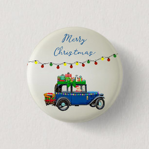 Badge Rond 2,50 Cm Belle, Christms Blue Car avec Père Noël et Cadeaux